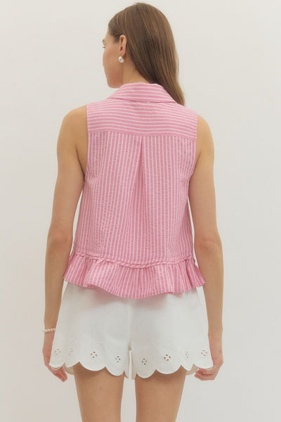 Striped Sleeveless Pointed Collar Top