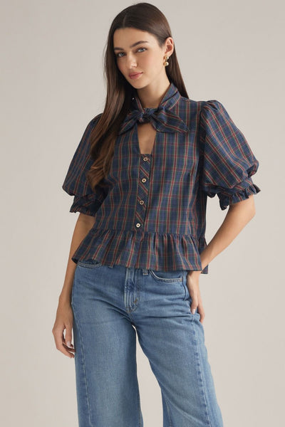 Plaid Short Puff Sleeve Top