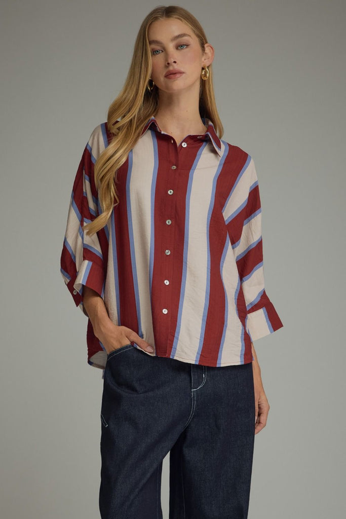 Striped Button Down Dolman Sleeve Top