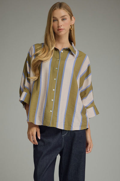 Striped Button Down Dolman Sleeve Top