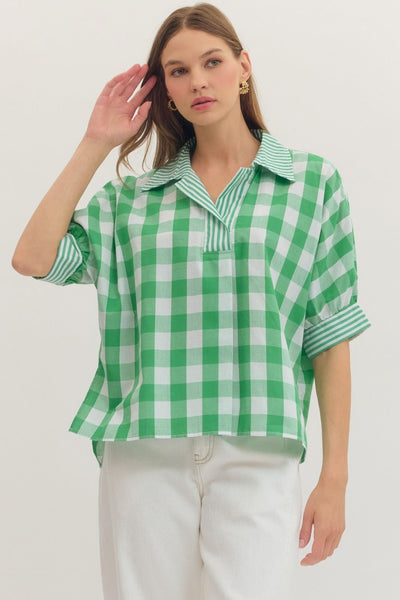Gingham Collared Short Sleeve Top