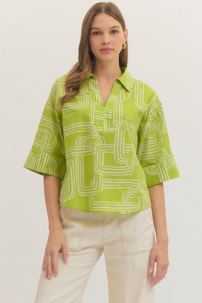 Abstract Print Collared Half Sleeve Top