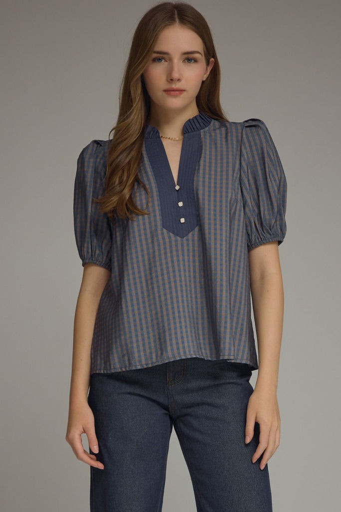 Gingham Short Puff Sleeve Top