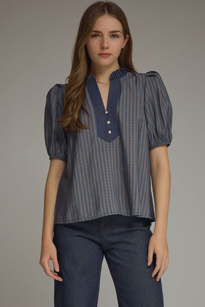 Gingham Short Puff Sleeve Top