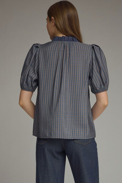 Gingham Short Puff Sleeve Top