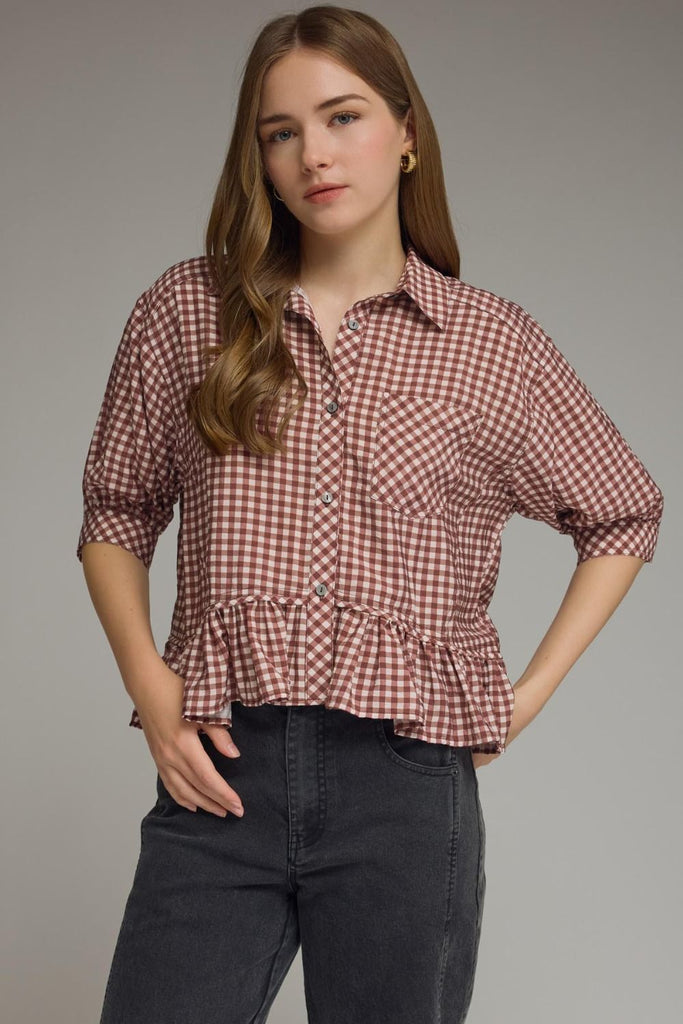Gingham Collared Elbow Sleeve Top