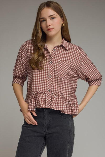 Gingham Collared Elbow Sleeve Top