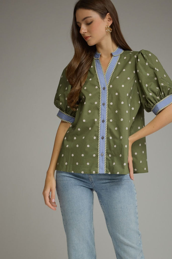 Polka Dot Short Puff Sleeve Top