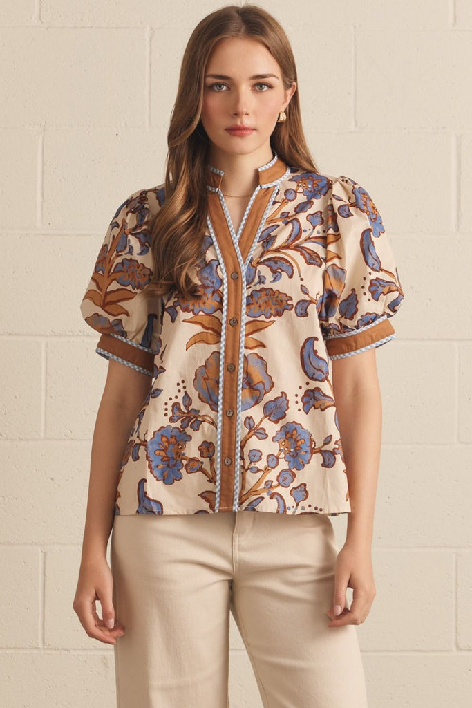Floral Print Short Puff Sleeve Top