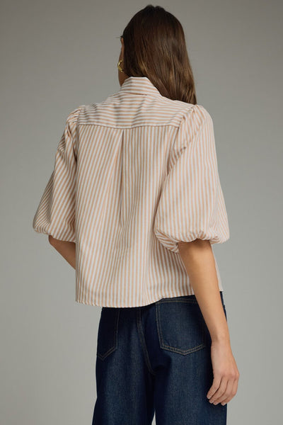 Stripe Self-Tie Neck Puff Sleeve Top