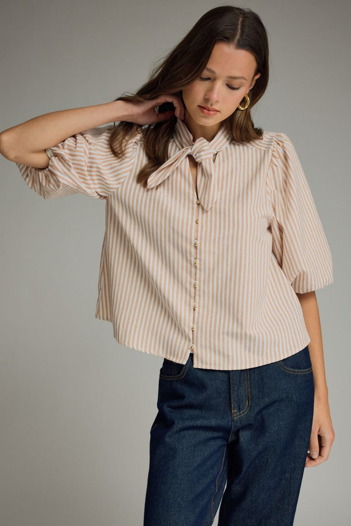 Stripe Self-Tie Neck Puff Sleeve Top