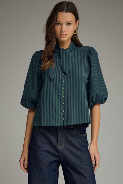 Stripe Self-Tie Neck Puff Sleeve Top