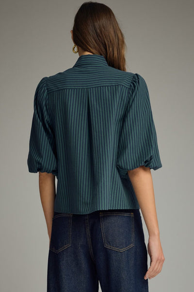 Stripe Self-Tie Neck Puff Sleeve Top