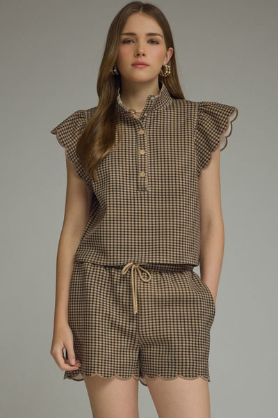 Gingham Ruffle Sleeve Top & Shorts Set
