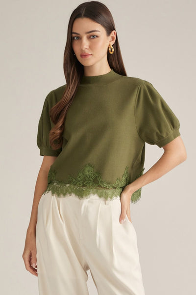 Solid Short Puff Sleeve Sweater Top