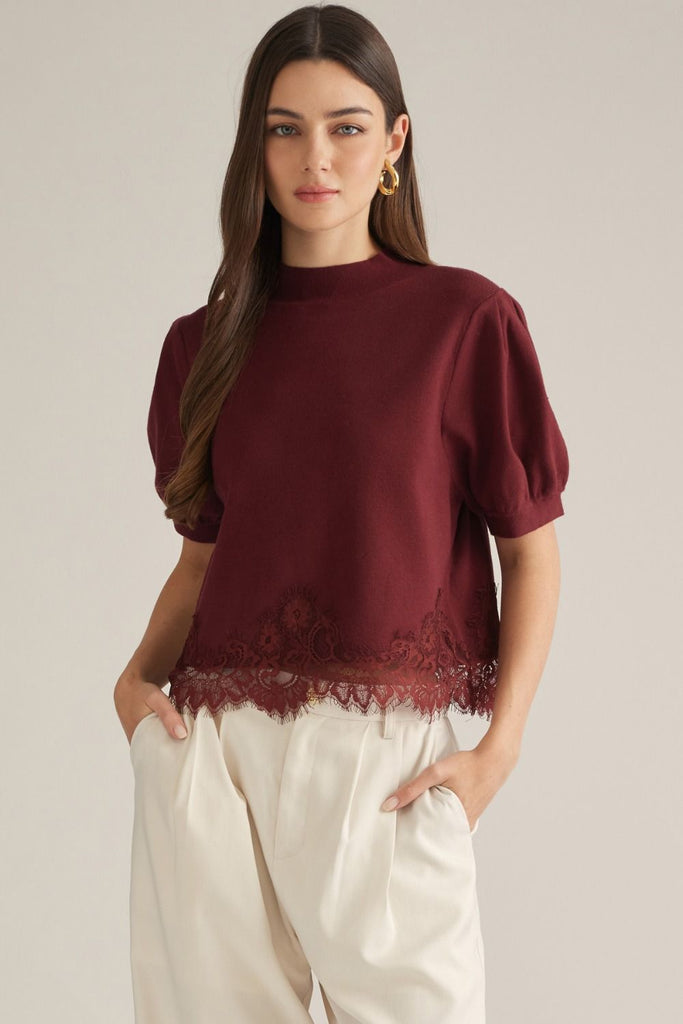 Solid Short Puff Sleeve Sweater Top