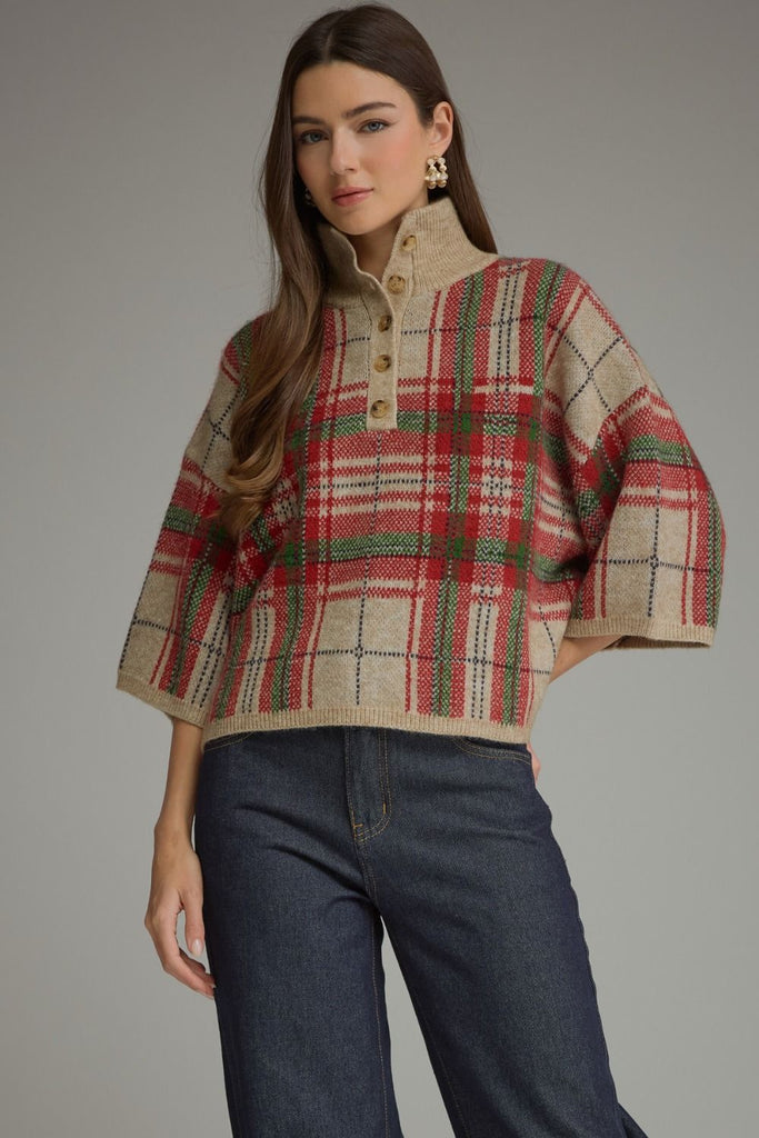 Plaid ¾ Sleeve Sweater Top