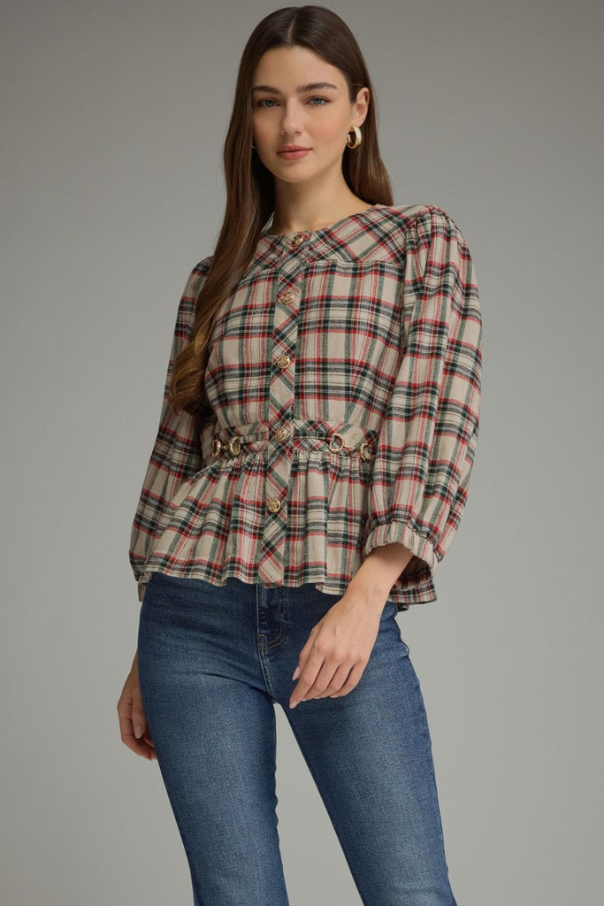 Plaid ¾ Puff Sleeve Round Neck Top