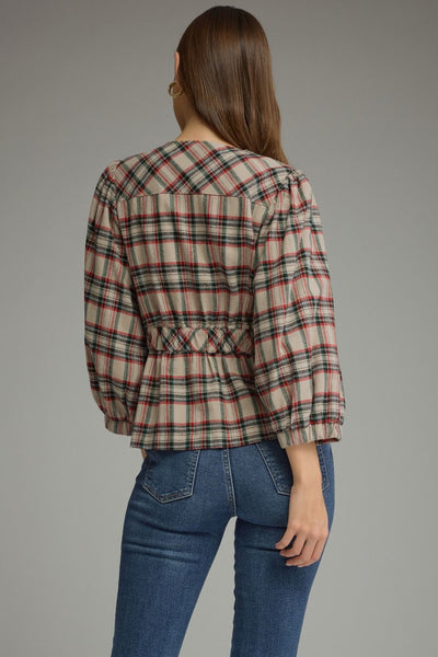 Plaid ¾ Puff Sleeve Round Neck Top