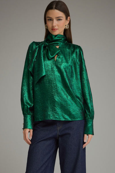 Metallic Tie Neck Long Sleeve Top