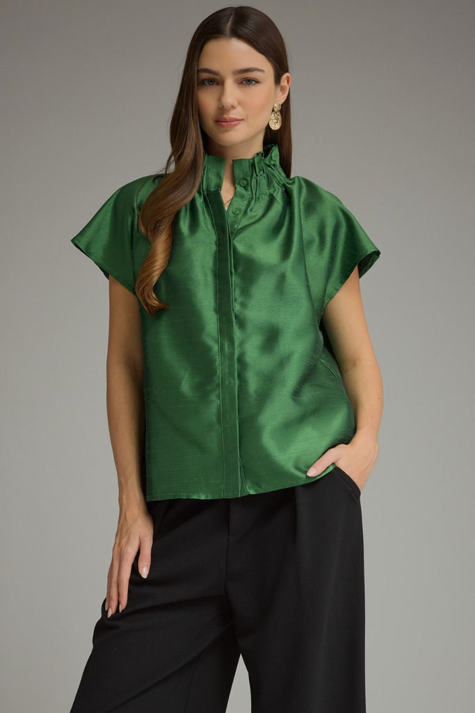 Solid Cap Sleeve Ruffled High Neck Top