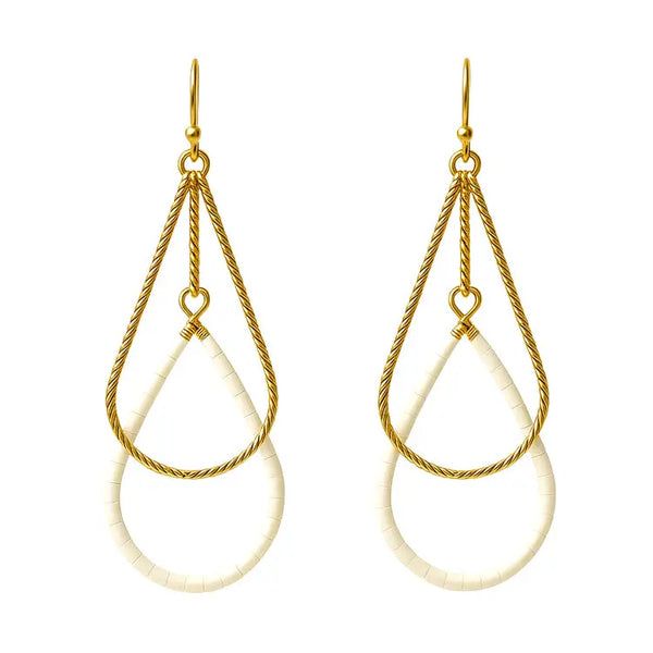 Gold Textured Open Teardrop and White Beaded 2" Earring