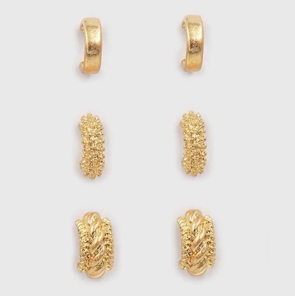 Set of 3 Worn Gold Textured Huggie Hoop Style Earrings