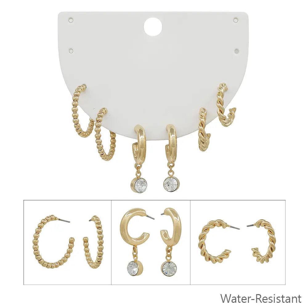 Water Resistant Set of 3 Beaded Huggie Hoop & Rhinestone Huggie Drop Earrings