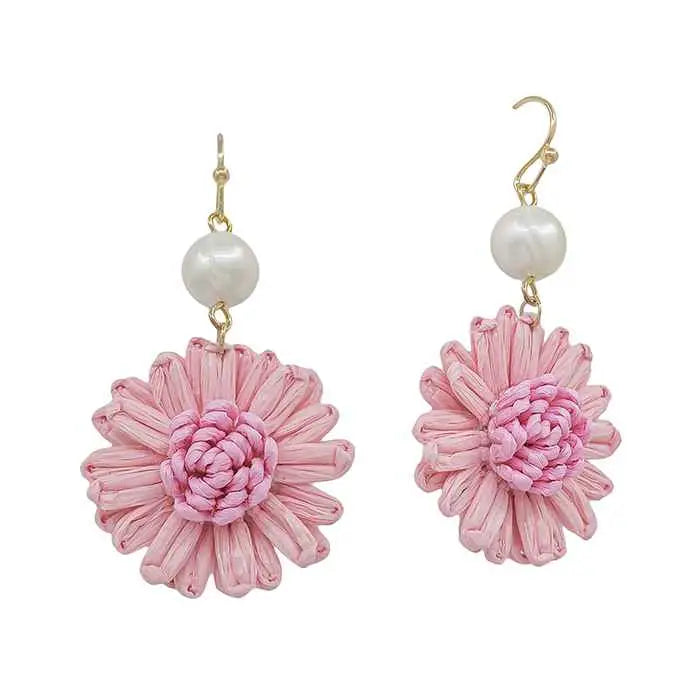 Gold Drop w/ Pearl & Pink Paper Flower 1.5" Earring
