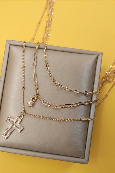 Multi Layer Rhinestone Cross Pendant Necklace