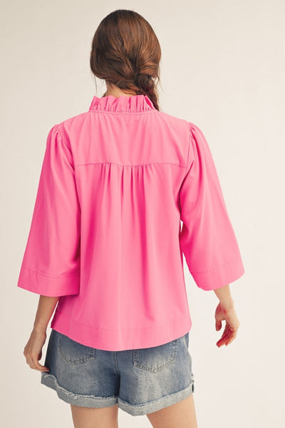 Ruffled Neck Crinkle Solid Top