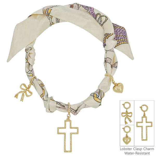 Knotted Scarf Necklace with Puffy Heart,Open Cross, & Bow Charm