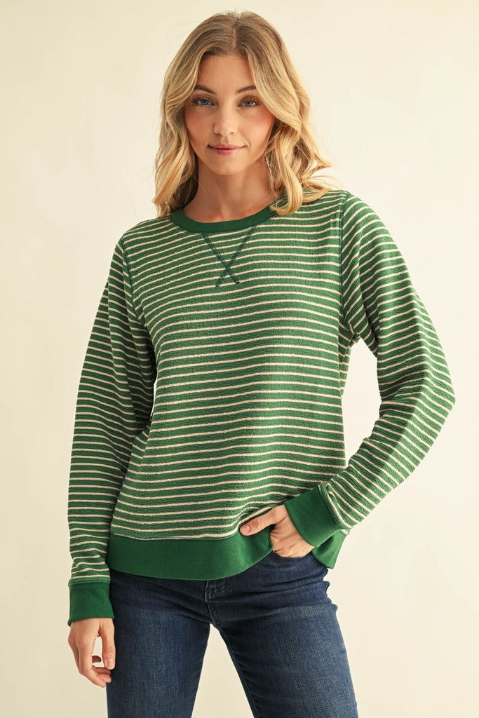 V Notched Neck Textured Stripe Sweatshirt