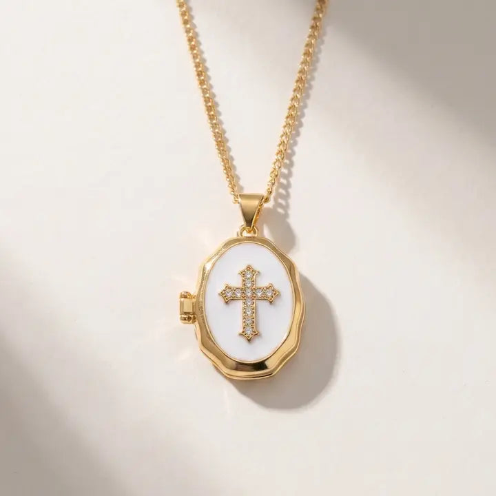 Cross Locket Photo White Pendant Necklace
