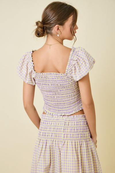 Gingham Smocked Bodice Bubble Sleeve Top With Tie