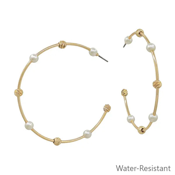 Water Resistant Gold Bar w/ Pearl & Gold Ball 2" Hoop Earring
