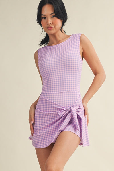 Gingham Sleeveless Wrap Tie Front Dress