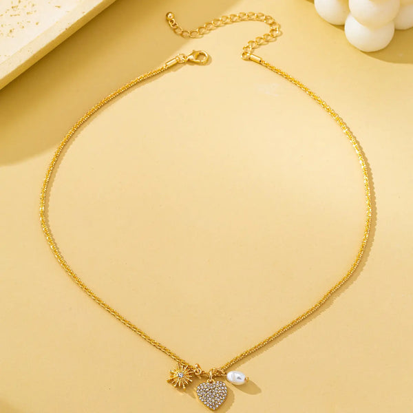 Celestial Heart & Pearl Charm Necklace