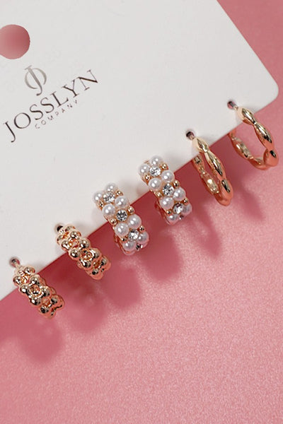 Pearl Link Huggie Hoop Earrings Trio Set