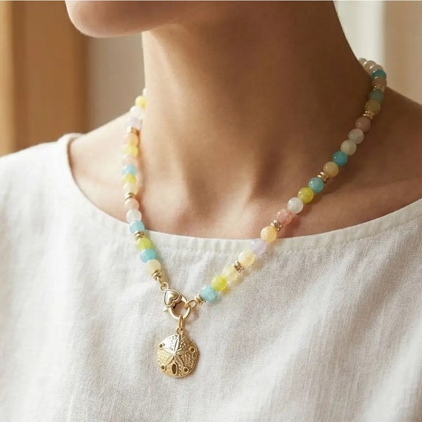 Sand Dollar Charm & Heart Clasp Glass Beaded Necklace