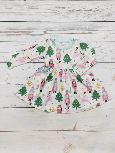 Girls Christmas Tree Printed Dress with Pockets