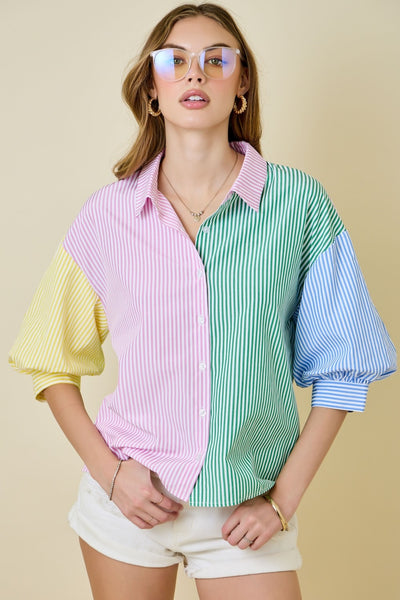 Multi Colorblock Stripe Button Down Top
