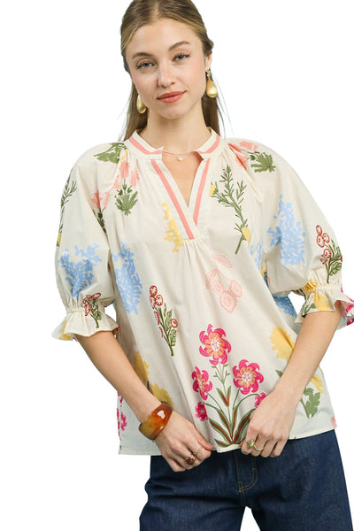 Floral Split Neck Puff Sleeve Top