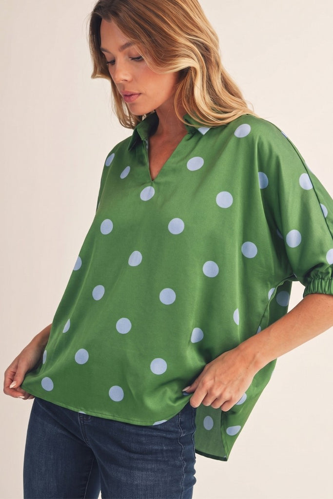 Polka Dot Satin Drop Shoulder Top