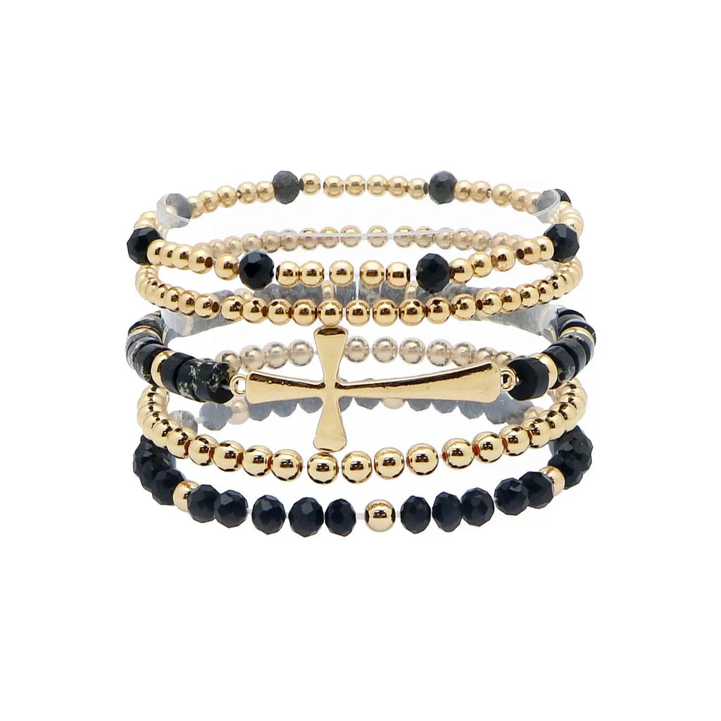 Set of 5 Gold Cross Stretch Bracelets with Black Crystals