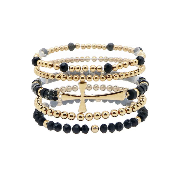 Set of 5 Gold Cross Stretch Bracelets with Black Crystals