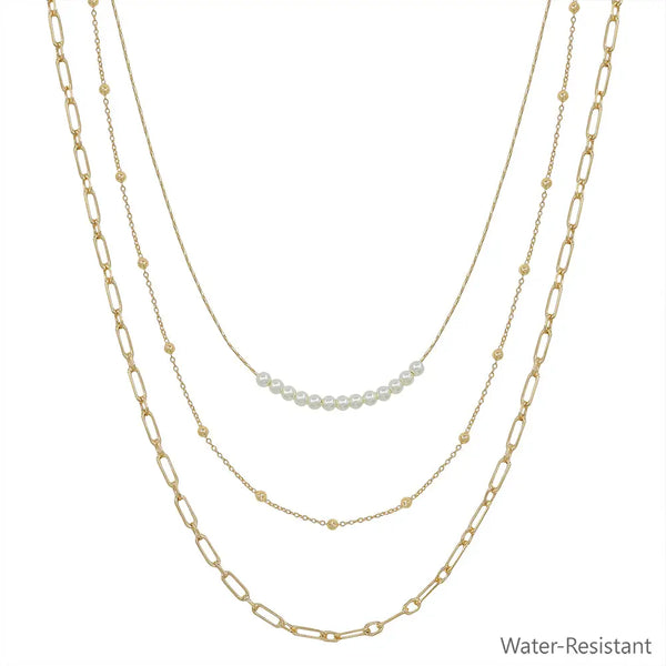 Water Resistant Triple Layered Gold w/ Pearl Thin Dotted Chain 16"-18" Necklace