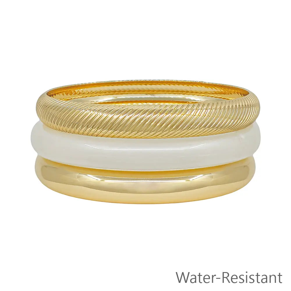 Water Resistant Set of 3 Acrylic Gold & White Green Bangles