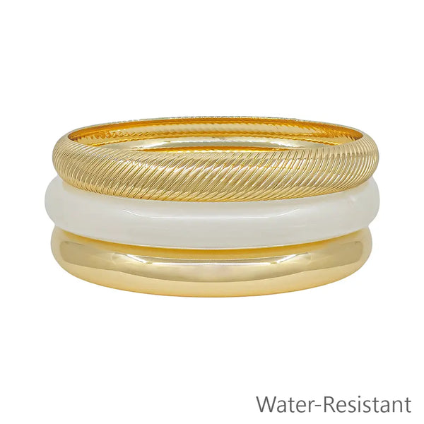 Water Resistant Set of 3 Acrylic Gold & White Green Bangles