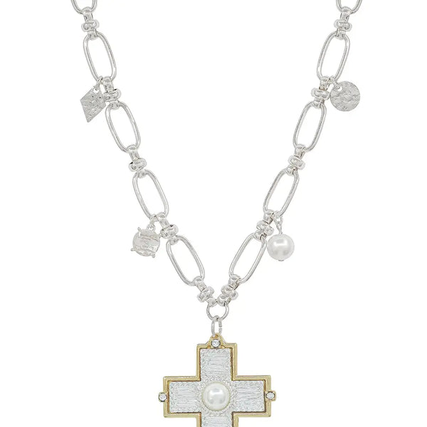 Silver Open Chain w/ Textured Cross w/ Pearl Charm 16"-18" Necklace